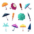 umbrella set. cartoon minimalistic umbrellas collection, parasols for rain with handle, different colored umbrellas for Royalty Free Stock Photo