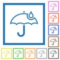 Umbrella with single raindrop outline flat framed icons