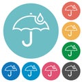 Umbrella with single raindrop outline flat round icons