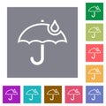 Umbrella with single raindrop outline square flat icons