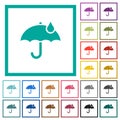 Umbrella with single raindrop solid flat color icons with quadrant frames