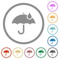 Umbrella with single raindrop solid flat icons with outlines