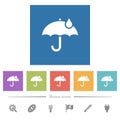Umbrella with single raindrop solid flat white icons in square backgrounds Royalty Free Stock Photo