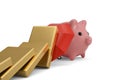 Umbrella stopping the domino effect and protect piggy bank. 3D i