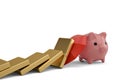 Umbrella stopping the domino effect and protect piggy bank. 3D i