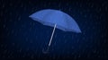 Umbrella, storm rain, water drops on black sky background, handle safety, weather assistance. Opened blue parasol Royalty Free Stock Photo