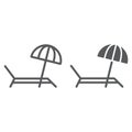 Umbrella and sun lounger line and glyph icon, summer and parasol, beach bed sign vector graphics, a linear icon on a Royalty Free Stock Photo