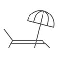 Umbrella and sun lounger thin line icon, summer and parasol, beach bed sign vector graphics, a linear icon on a white Royalty Free Stock Photo