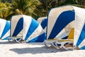 Umbrella and sunbeds on the beautiful tropical beach of Labadee. Royalty Free Stock Photo