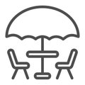 Umbrella and table with chairs line icon, Coffee time concept, street cafe sign on white background, table with umbrella Royalty Free Stock Photo