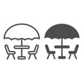 Umbrella and table with chairs line and solid icon, Coffee time concept, street cafe sign on white background, table Royalty Free Stock Photo
