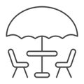 Umbrella and table with chairs thin line icon, Coffee time concept, street cafe sign on white background, table with Royalty Free Stock Photo