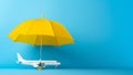 The umbrella and toy plane represent travel insurance, safeguard trips like a shields from rain