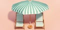 Umbrella and two deck chairs on peach color backdrop. Summer vacation background. Created with generative Ai