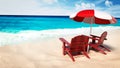 Umbrella and two sunbeds standing on the beach by the seashore. 3D illustration Royalty Free Stock Photo