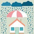 Umbrella under rain protecting house. Insurance, risk, crisis, f