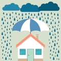 Umbrella under rain protecting house. Insurance, risk, crisis, f