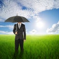 Umbrella woman standing to sun sky in grassland with umbrella