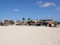 Umbrellas at beach on Atlantic Ocean at Sal island in Cape Verde Royalty Free Stock Photo