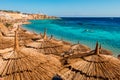 Umbrellas on beach in coral reef