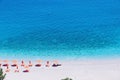 Umbrellas and chairs from above Apella Beach, Karpathos Island, Greece Royalty Free Stock Photo