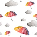Umbrellas and clouds seamless pattern.