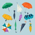 Umbrellas collection. Autumn set of different fashioned tools from rainy weather season recent vector umbrellas