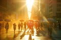 Umbrellas dominate a cityscape against the glaring sun. The reality of heatwaves in urban environments