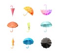 Umbrellas icon. Items protection from autumn rain different views of umbrella vector collection