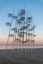 The `Umbrellas ` installation at the New Waterfront of Thessaloniki during sunrise Royalty Free Stock Photo