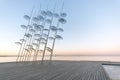 The `Umbrellas` installation at the New Waterfront of Thessaloniki during sunrise in Greece Royalty Free Stock Photo