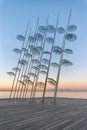 The Umbrellas installation at the New Waterfront of Thessaloniki during sunrise in Greece.