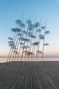 The `Umbrellas` installation at the New Waterfront of Thessaloniki during sunrise in Greece Royalty Free Stock Photo