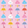 Umbrellas raindrops clouds cute characters pattern swatch Royalty Free Stock Photo