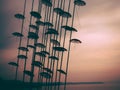 Umbrellas sculpture in a foggy sunset -  Thessaloniki, Greece Royalty Free Stock Photo