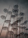 Umbrellas sculpture, misty weather -  Thessaloniki, Greece Royalty Free Stock Photo