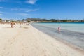 Umbrellas and sunbeds at the Playa de Alcudia beach in northern Mallorca, Spain