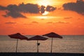 Tropical Umbrellas, silhouettes of parasol, tropical beach and sea horizon