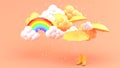 Umbrellas and yellow boots amid rainstorms and rainbows on an orange bachground.