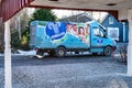 UMEA, SWEDEN - APRIL 22, 2020: Ice Cream home delivery mini truck drive around with music signal attracts children and parents to