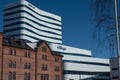 UMEA, SWEDEN ON MARCH 26. Street of the city Library Vaven view a sunny winter day.