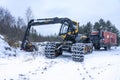 Umea, Sweden NOVEMBER 10, 2019: High performance modern forestry machine for forest cutting, stacking and logging, delivering peak Royalty Free Stock Photo