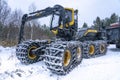 Umea, Sweden NOVEMBER 10, 2019: High performance modern forestry machine for forest cutting, stacking and logging, delivering peak Royalty Free Stock Photo