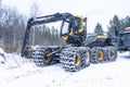 Umea, Sweden NOVEMBER 10, 2019: High performance modern forestry machine for forest cutting, stacking and logging, delivering peak Royalty Free Stock Photo