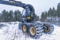 Umea, Sweden NOVEMBER 10, 2019: High performance modern forestry machine for forest cutting, stacking and logging, delivering peak Royalty Free Stock Photo