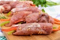 Un-cooked, pork meat rolls stuffed with vegetables Royalty Free Stock Photo