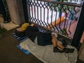 Unacquainted homeless sleeping on the Foot overpass at bangkok city Thailand