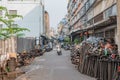 Unacquainted people drive motorcycle in Old Alley building on talat noi.Talad Noi Talat Noi Royalty Free Stock Photo