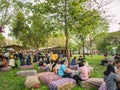 Unacquainted People of tourist walking in thailand tourism festival 2019 at Lumphini Central park.