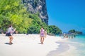 Unacquainted Tourist with Beautiful idyllic seascape and white sand on koh poda island krabi city Thailand.